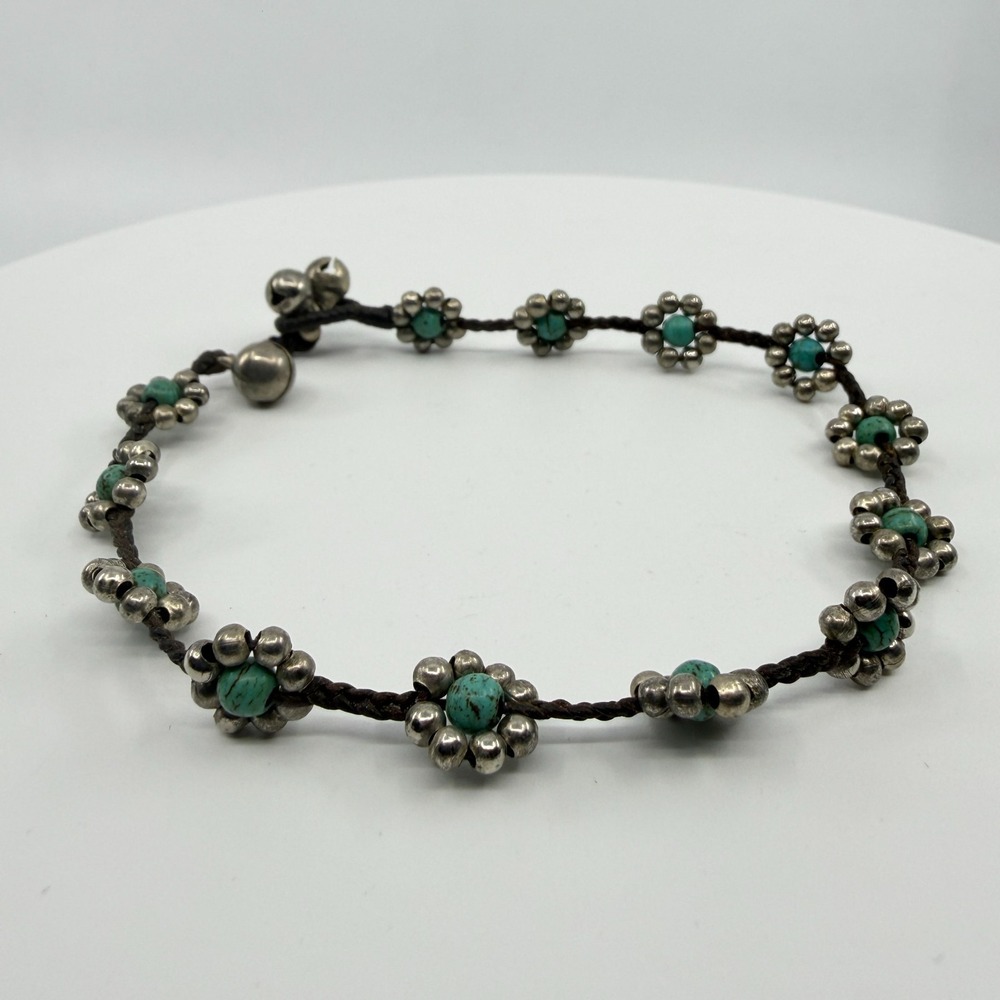 Y2K Boho Turquoise Flower Beaded Bracelet Bells Layering Statement Gift Idea 90s